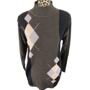 Amanda Smith Sweater Men’s M Lambs wool Argyle Diamond Black Cabincore NEW